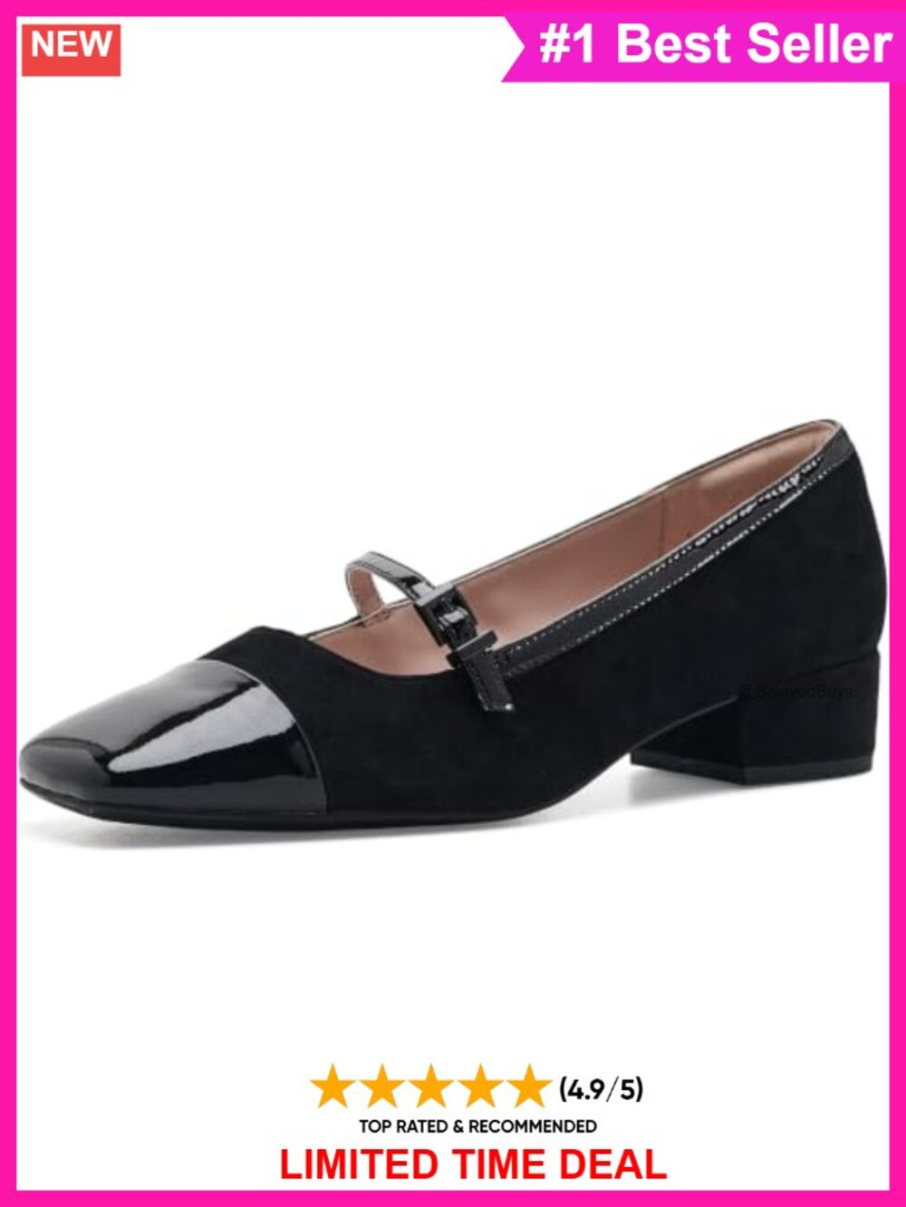 Mary Jane Block Heel Square Toe Buckle Leather Pump